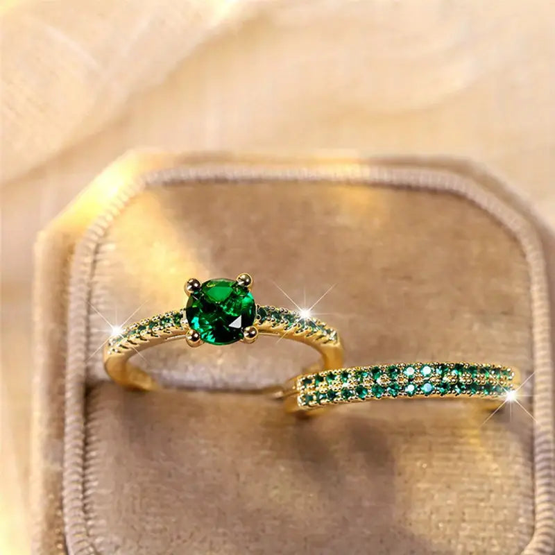 Emerald Duo Ring Gold Set - LEESTIA
