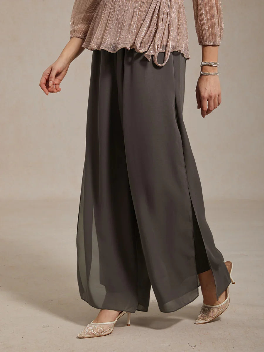 Straight Leg Pant With Chiffon Split Leg Overlay - LEESTIA