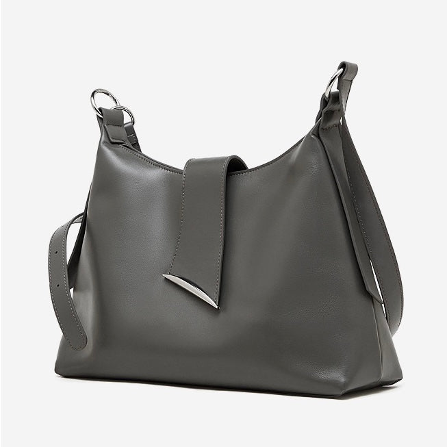 Smooth Leather Hobo Bag with Architectural Hardware & Adjustable Strap