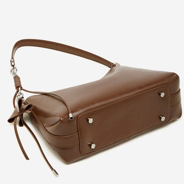 Women's Genuine Leather Hobo Bag with Knotted Strap & Bow Detail