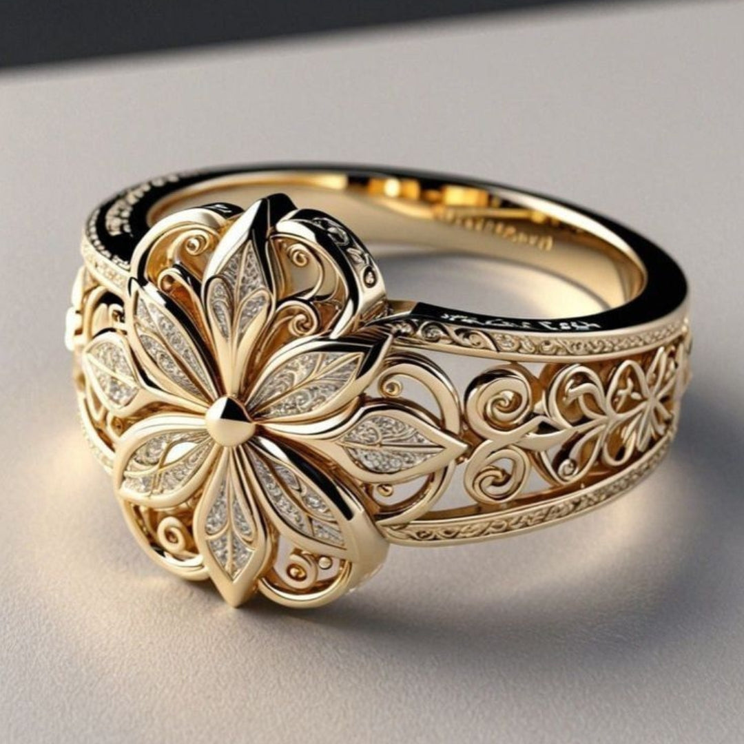 Exotic Floral Zirconia Gold Ring - LEESTIA