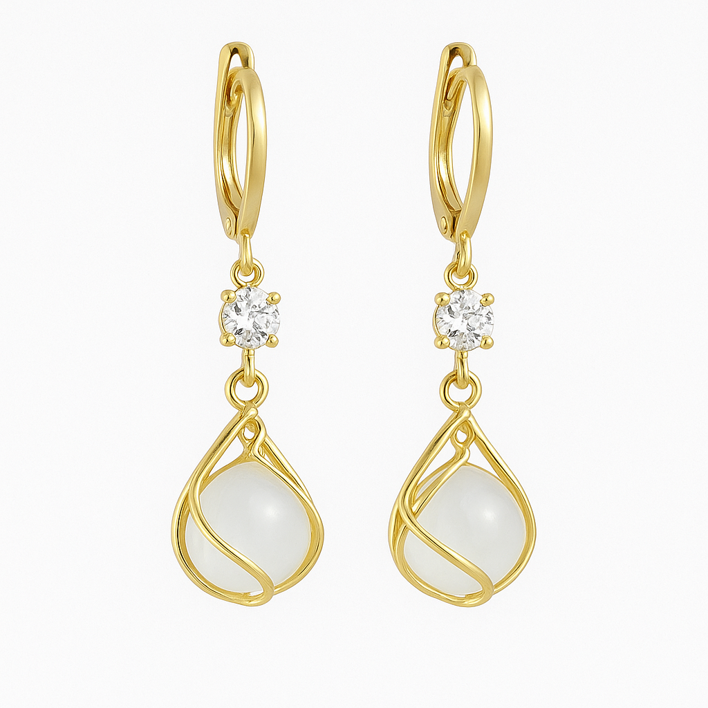 Gold Wire Wrapped White Opal Drop Earrings - LEESTIA