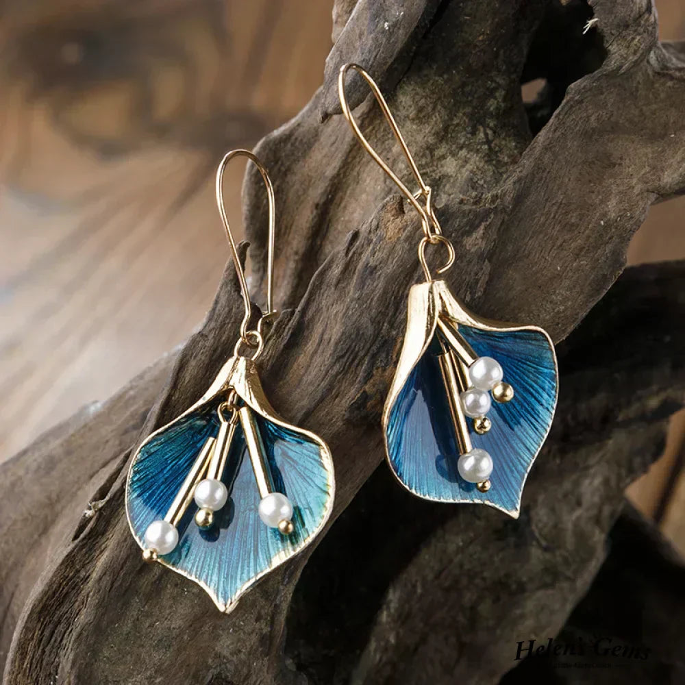 Gold Blue Lily Drop Earrings with Pearls - LEESTIA