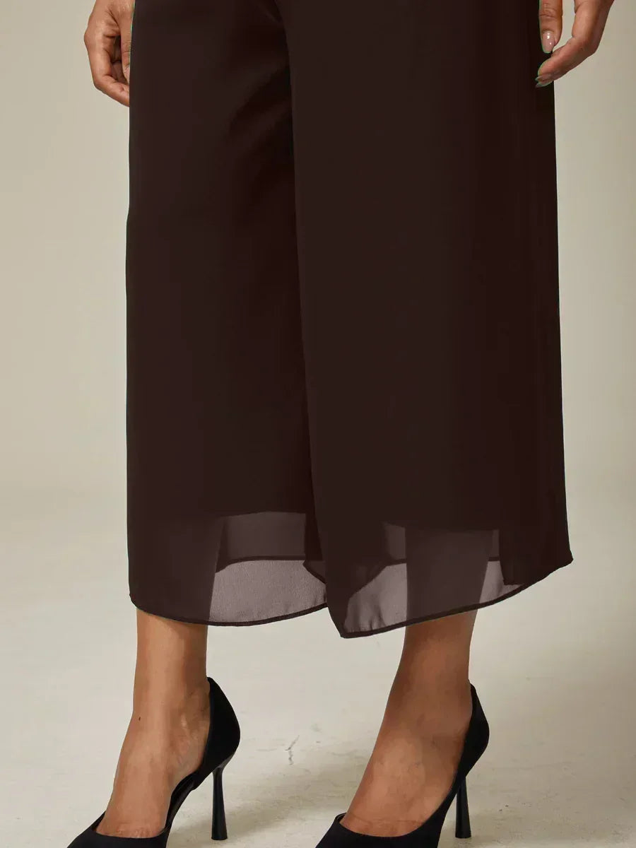 Cropped Length Straight Leg Pant With Chiffon Split Leg Overlay