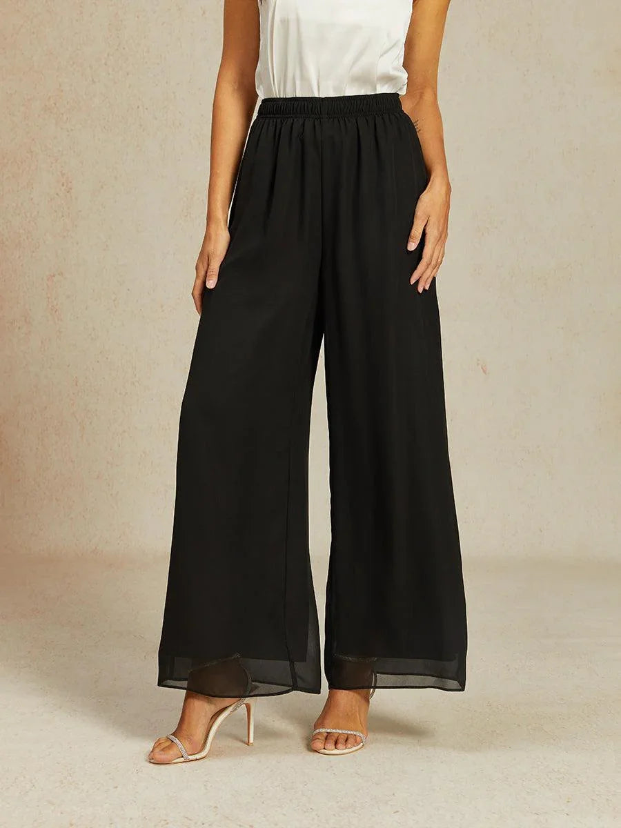 Mid-Rise Elastic Waist Wide-Leg Chiffon Pants