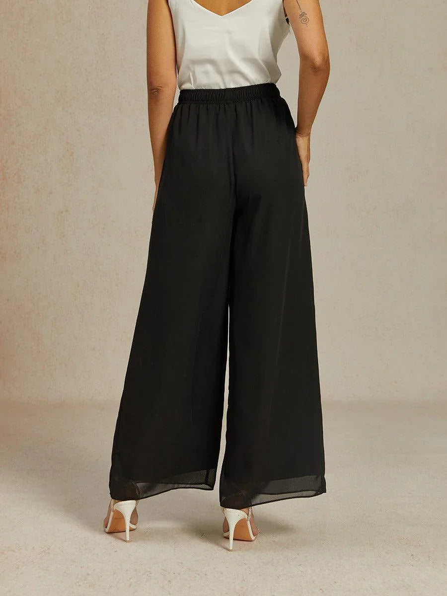 Mid-Rise Elastic Waist Wide-Leg Chiffon Pants