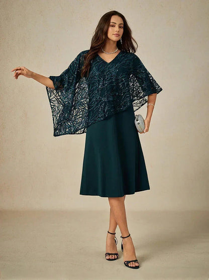 Sequin Knee Length V Neck Overlay Dress