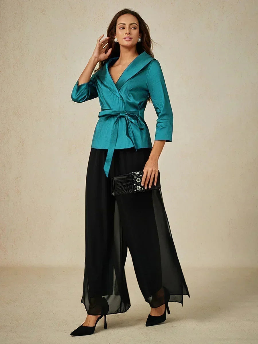 Straight Leg Pant With Chiffon Split Leg Overlay