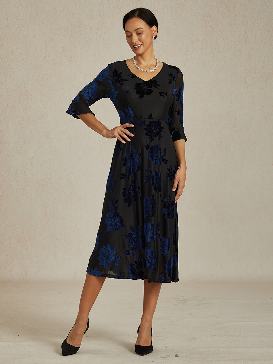 Floral Velvet A-Line Dress with Flutter Sleeves
