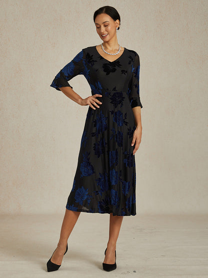 Floral Velvet A-Line Dress with Flutter Sleeves