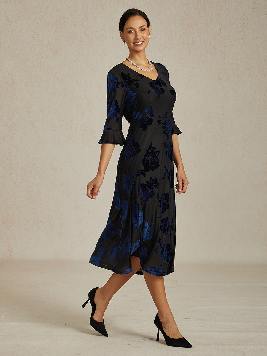 Floral Velvet A-Line Dress with Flutter Sleeves