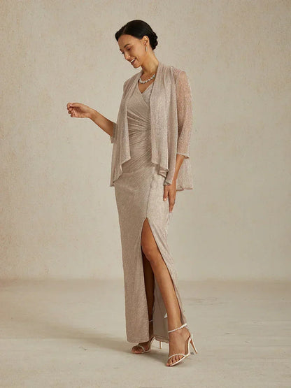 Metallic Pleated Chiffon Long Jacket with Layered Design