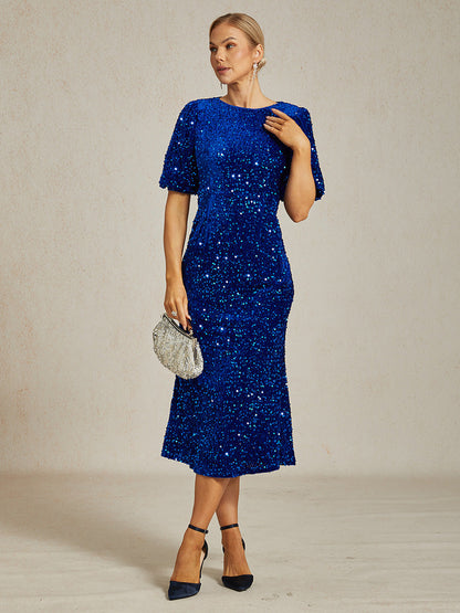 Velvet Sequin Midi Dress with Puff Sleeves