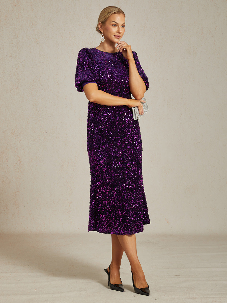 Velvet Sequin Midi Dress with Puff Sleeves