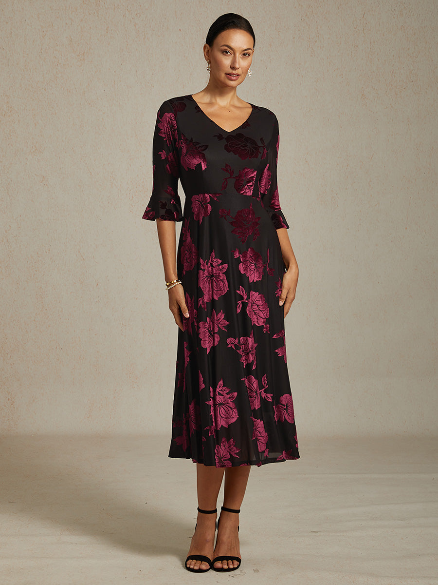 Floral Velvet A-Line Dress with Flutter Sleeves