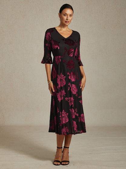 Floral Velvet A-Line Dress with Flutter Sleeves