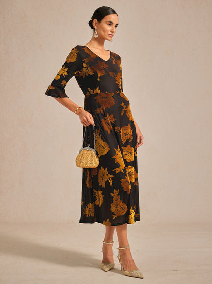 Floral Velvet A-Line Dress with Flutter Sleeves