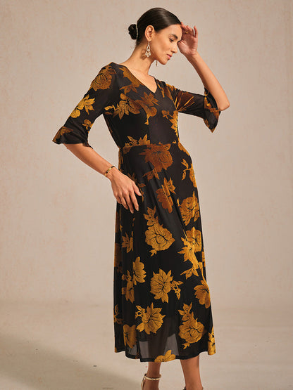 Floral Velvet A-Line Dress with Flutter Sleeves