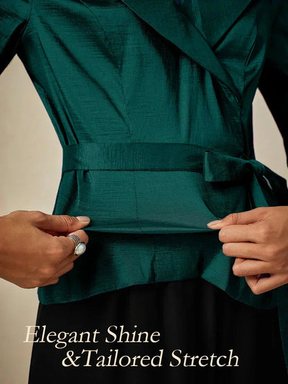 3/4 Sleeve Stretch Taffeta Blouse with Tie Waist Detail
