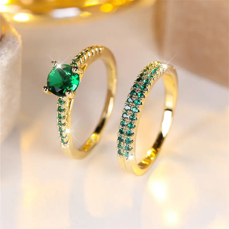 Emerald Duo Ring Gold Set - LEESTIA