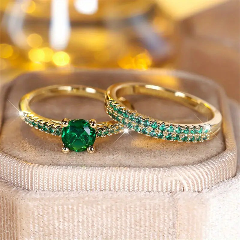 Emerald Duo Ring Gold Set - LEESTIA