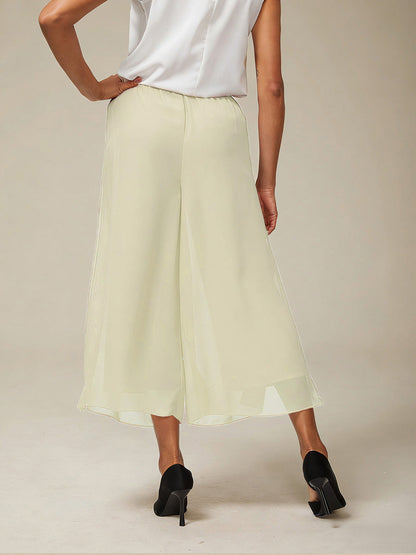 Cropped Length Straight Leg Pant With Chiffon Split Leg Overlay