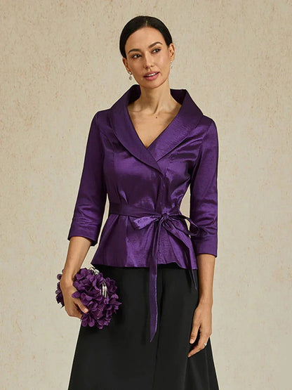 3/4 Sleeve Stretch Taffeta Blouse with Tie Waist Detail