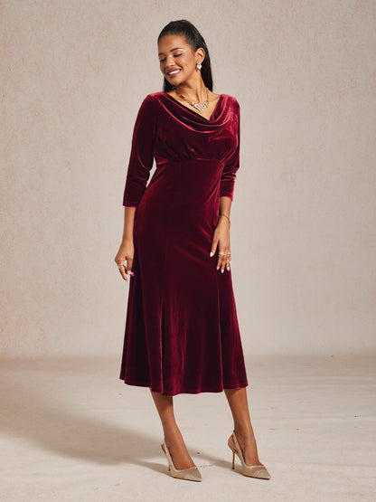 High-Stretch Velvet Sleeveless Midi Dress with Cowl Neck