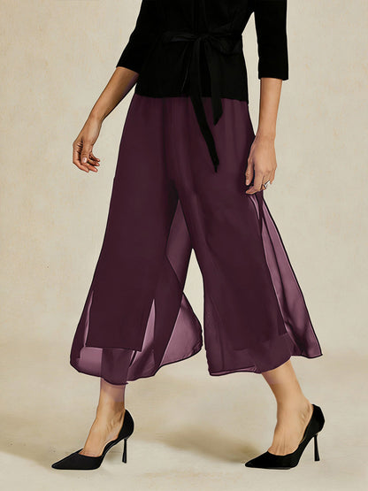 Cropped Length Straight Leg Pant With Chiffon Split Leg Overlay