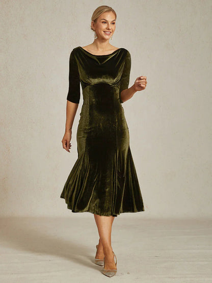 High-Stretch Velvet Sleeveless Midi Dress with Cowl Neck