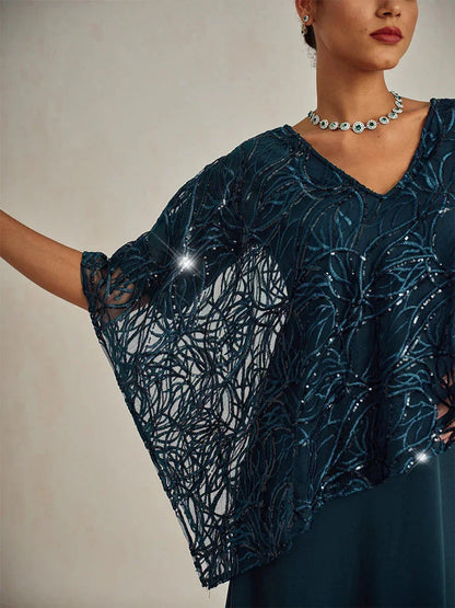 Sequin Knee Length V Neck Overlay Dress