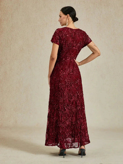 Rosette Lace A-Line Gown with Sequin Embellishment