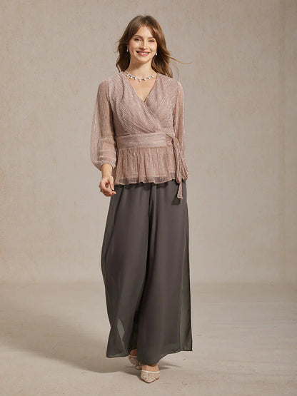 Metallic Pleated Chiffon Evening Wrap Top