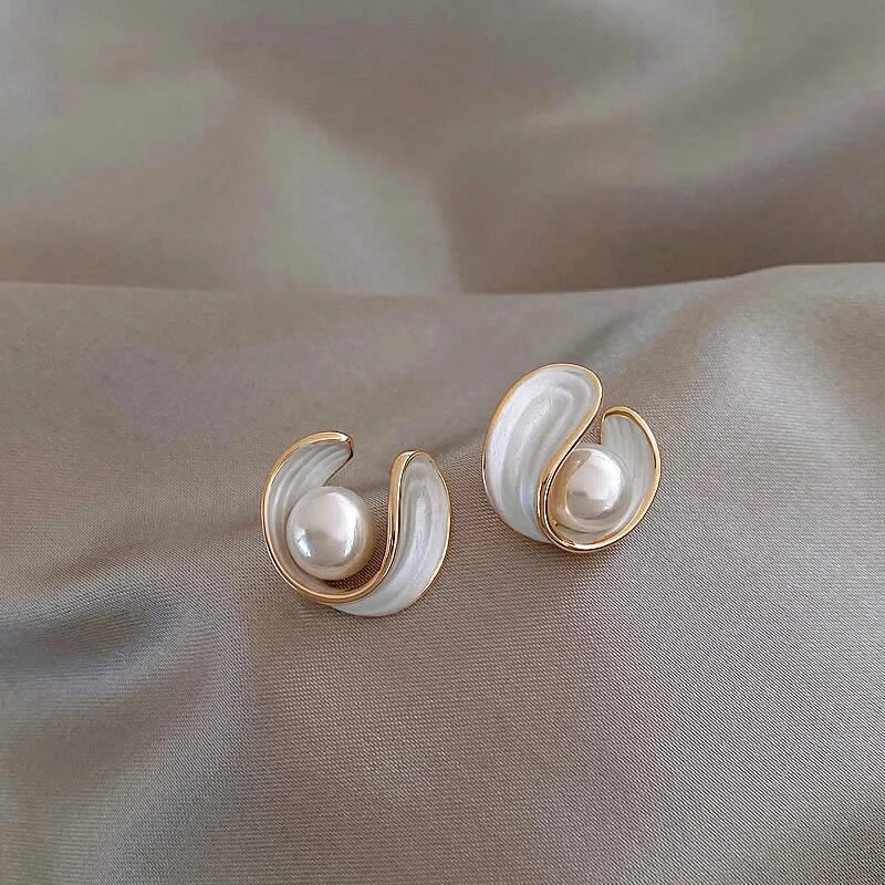 Gold Pearl and White Enamel Stud Earrings - LEESTIA