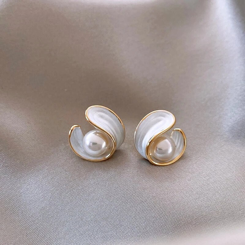 Gold Pearl and White Enamel Stud Earrings - LEESTIA