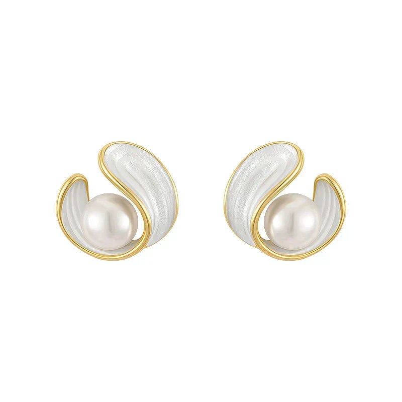 Gold Pearl and White Enamel Stud Earrings - LEESTIA