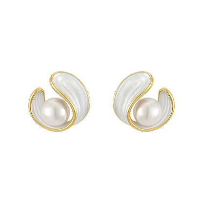 Gold Pearl and White Enamel Stud Earrings - LEESTIA