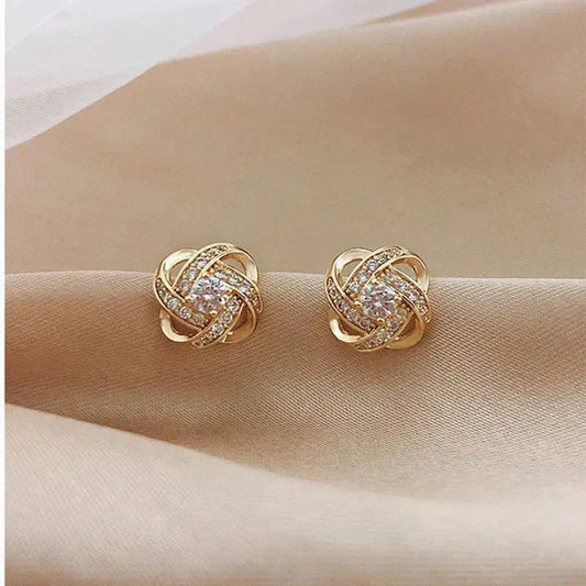 Gold Spiral Floral Crystal Stud Earrings - LEESTIA