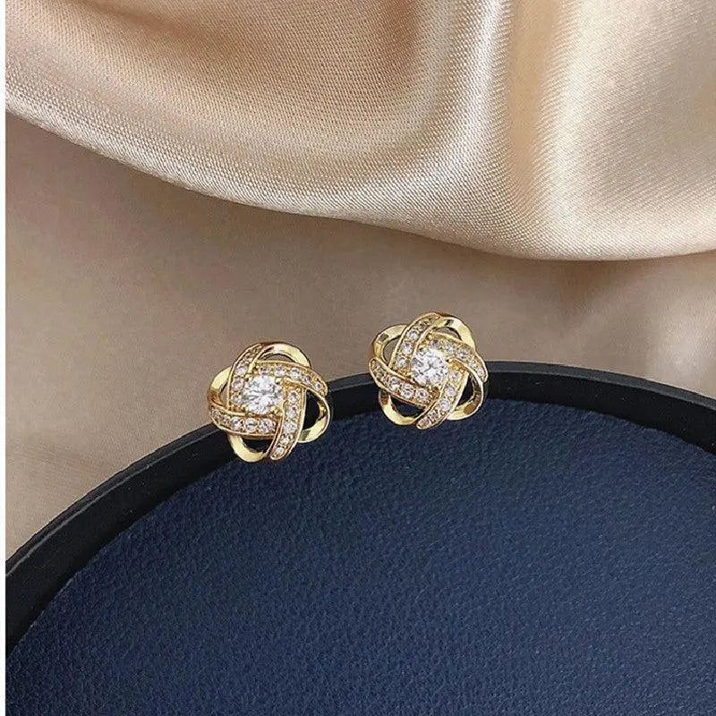 Gold Spiral Floral Crystal Stud Earrings - LEESTIA