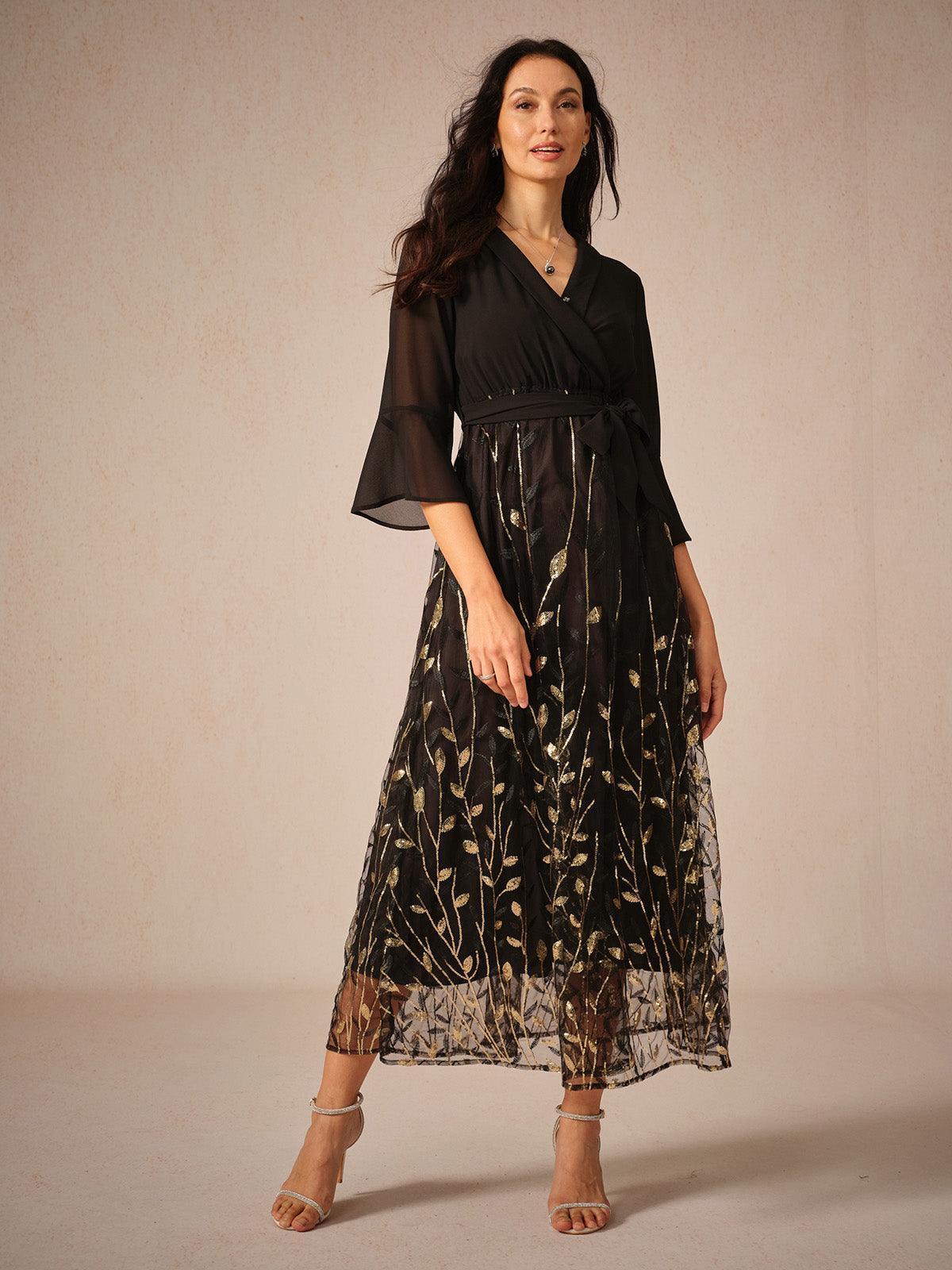 Golden Sequins Mesh Midi Dress