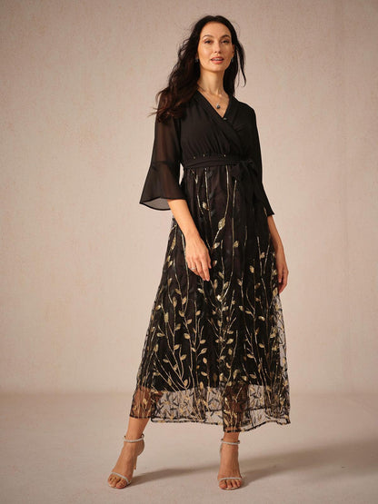 Golden Sequins Mesh Midi Dress