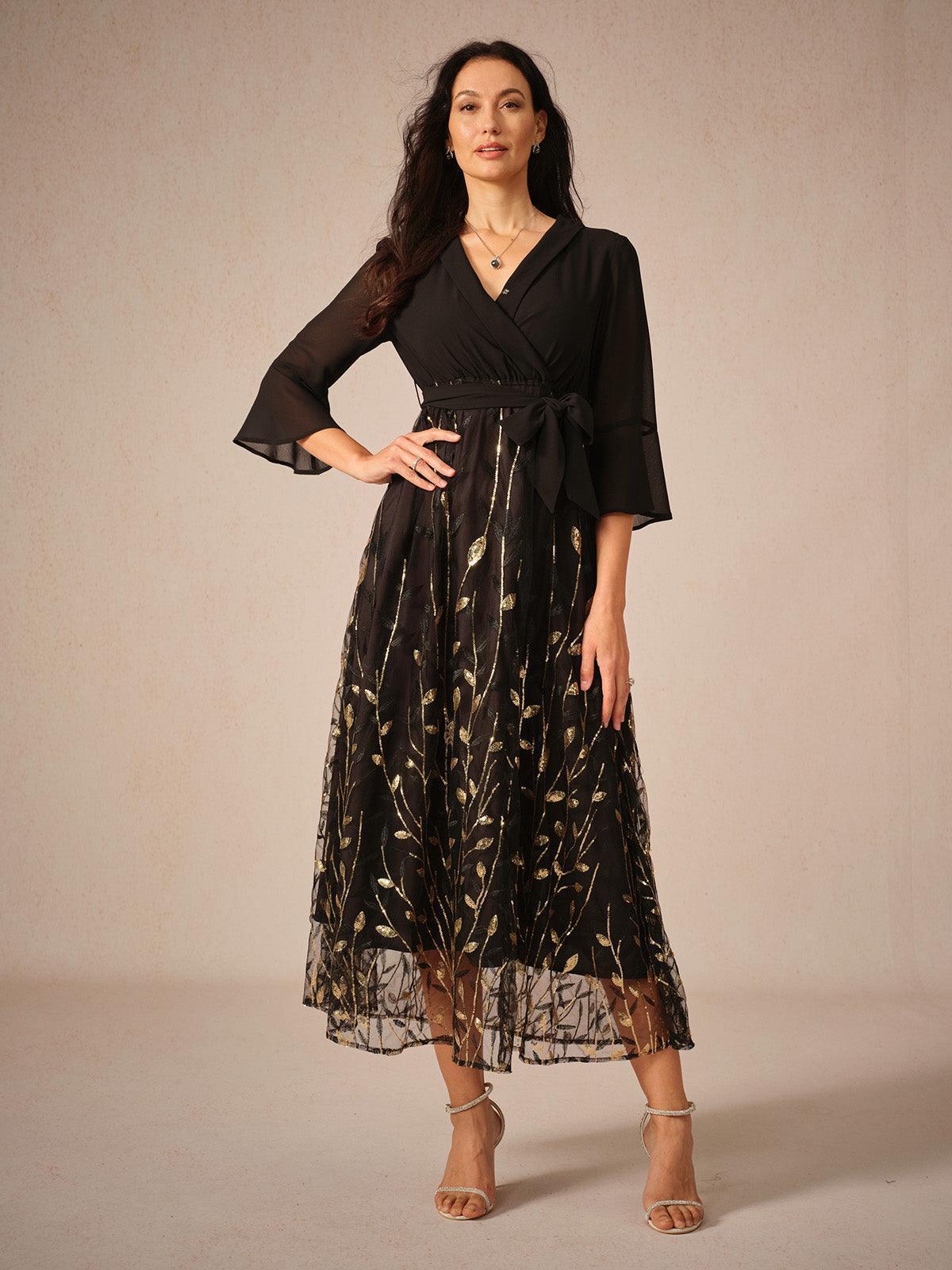 Golden Sequins Mesh Midi Dress