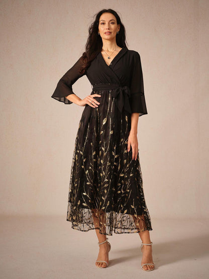 Golden Sequins Mesh Midi Dress