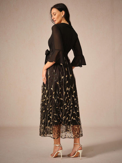 Golden Sequins Mesh Midi Dress