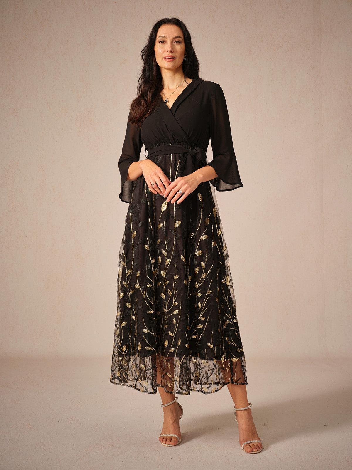 Golden Sequins Mesh Midi Dress