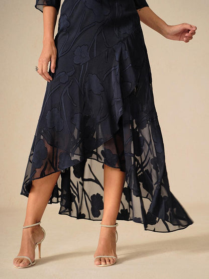 Navy Floral Chiffon Evening Gown with Asymmetrical Hem