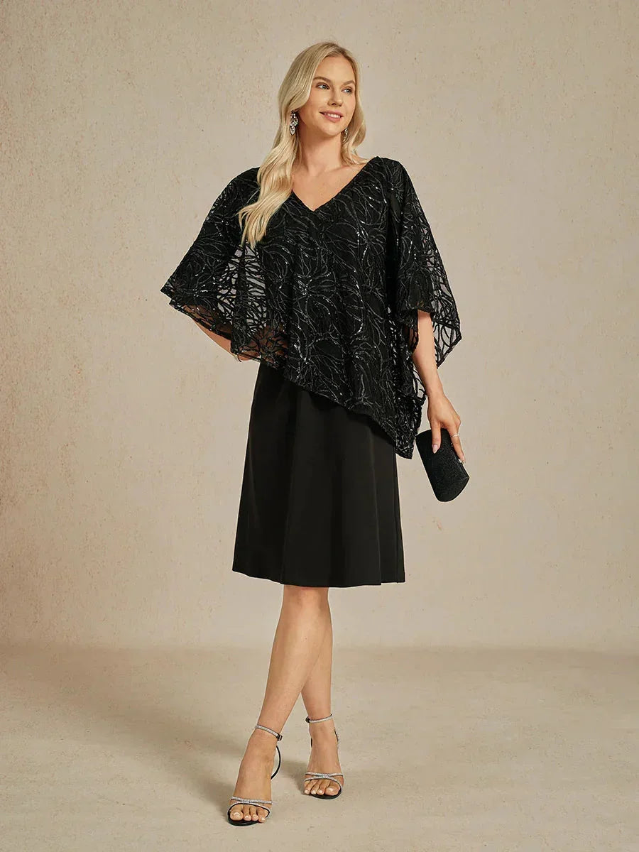 Sequin Knee Length V Neck Overlay Dress