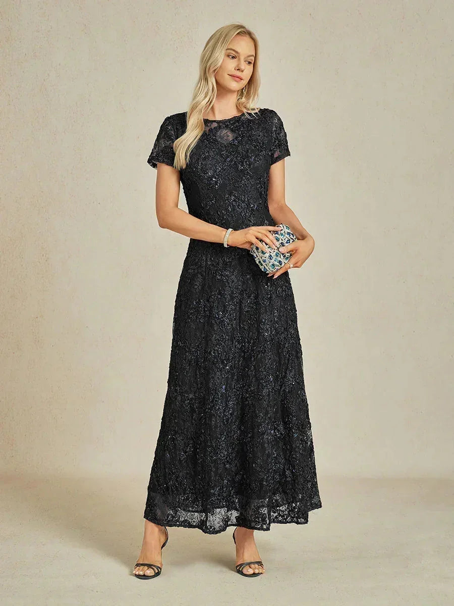 Rosette Lace A-Line Gown with Sequin Embellishment