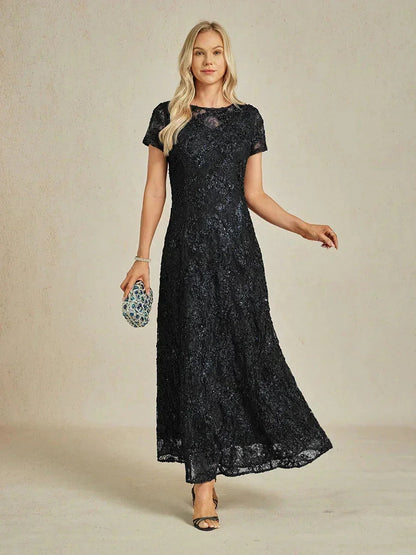 Rosette Lace A-Line Gown with Sequin Embellishment