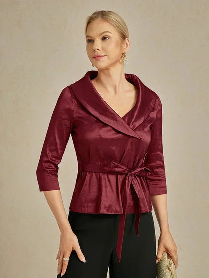 3/4 Sleeve Stretch Taffeta Blouse with Tie Waist Detail